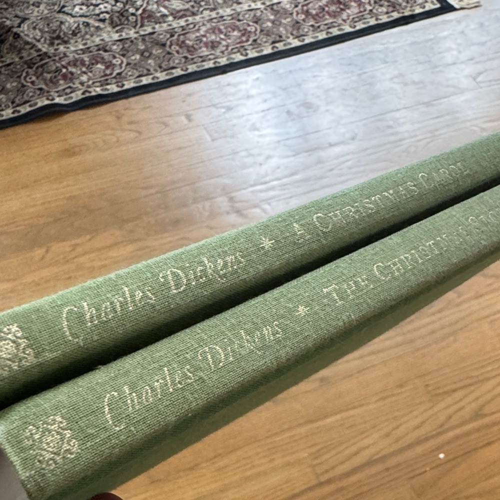 Charles Dickens Hardcover Books - Green Linen Set of 2 Christmas Books- VTG